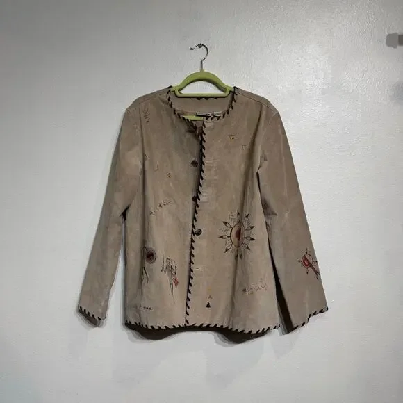 Chico's Tan Genuine Suede Leather Vintage Native Tribal Jacket Sz 2 - Picture 2 of 15